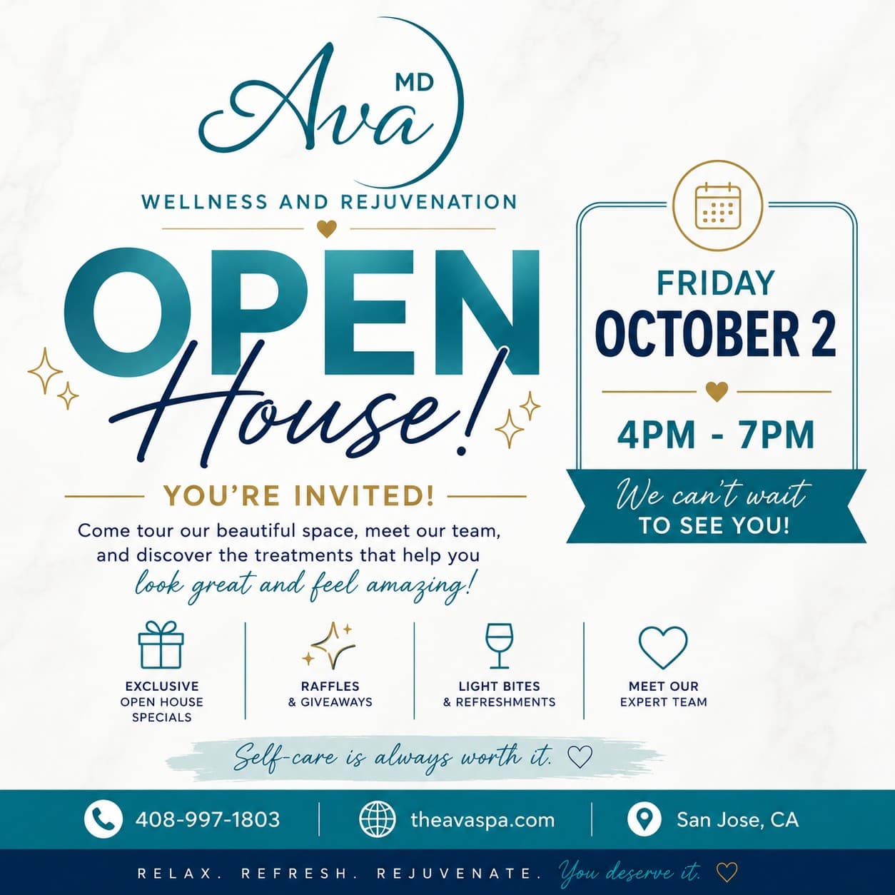Ava Wellness & Rejuvenation MD open house invitation — Friday, October 2, 4 PM to 7 PM in San Jose
