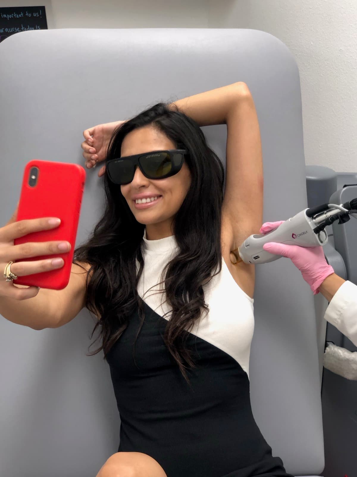 Person wearing protective eyewear during a laser hair removal procedure
