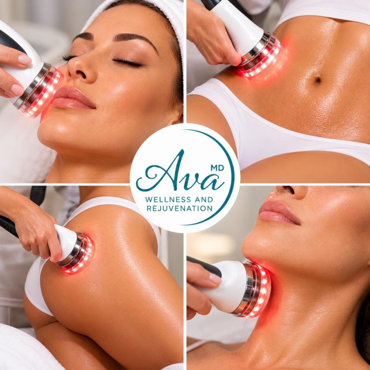 Ava FirmaLift treatment collage showing facial and body applications with a red-light handpiece