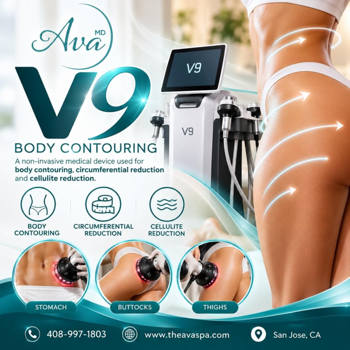 Ava V9 body contouring announcement showing the device and stomach, buttocks and thigh treatment areas